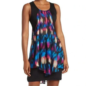[S]Papillon Black  Jersey Sleeveless Tunic Dress with Watercolor Print Overlay